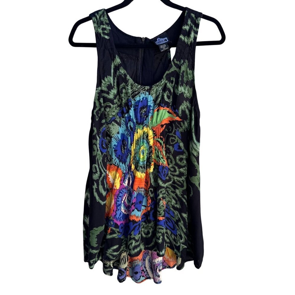Angie Boho Hippie Floral Abstract Art Smocked Eyelet High Low Tank Top Womens 3X